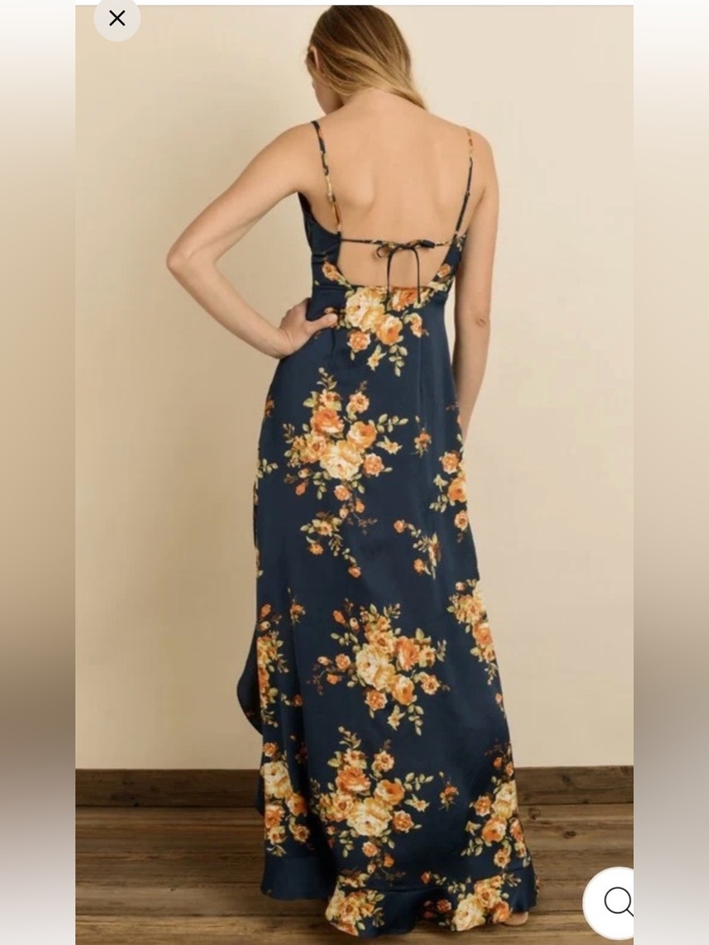 Vici Dolls Floral Satin Ruffle Halter Maxi Dress Navy Blue Flowing S Faux Wrap - Picture 7 of 16